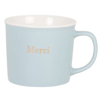 MERCI - Lot de 2 - Mug en porcelaine bleue et blanche avec inscription dorée