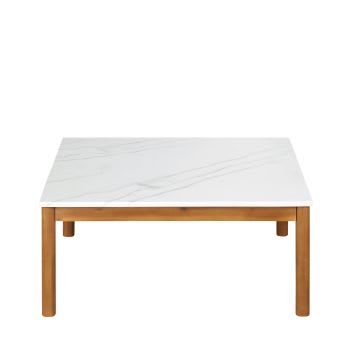 Mesa baja de exterior de compuesto efecto mármol blanco y madera de acacia