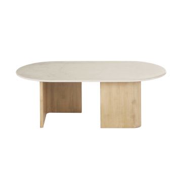 Travertino - Mesa baja de mármol blanco con efecto travertino y madera de mango maciza