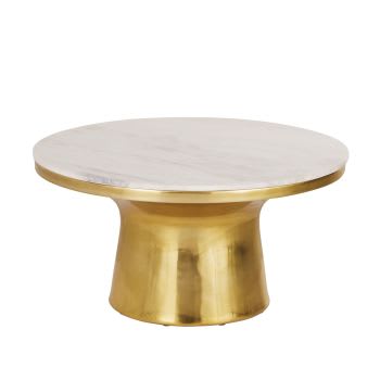 Mesa baja redonda de mármol blanco y metal dorado