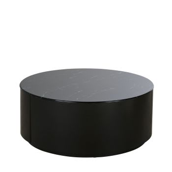 Mesa de centro redonda de 2 gavetas com efeito mármore preto