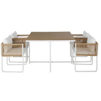 Swann - Mesa de jardín de compuesto efecto teca para 4 personas. L. 110 y sillones encajables (x4) de resina efecto mimbre