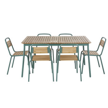 Amario - Mesa de jardín para 6 personas, L. 147, con sillas (x6) de aluminio azul verdoso y madera de eucalipto macizo
