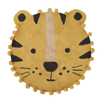 MINI JUNGLE - Tapete infantil com forma de tigre em algodão reciclado tufado com pompons amarelos D108