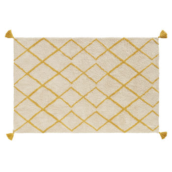 MIRIAN - Alfombra bereber de algodón color crudo con motivos gráficos amarillo mostaza 120x180