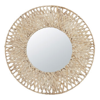 Miroir rond, encadrement en fibres végétales tressées beige D100