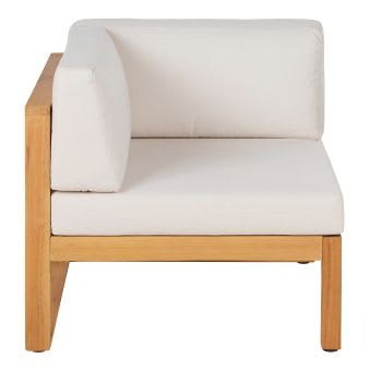 Módulo esquinero para sofá de exterior modulable de madera de eucalipto y poliéster reciclado color crudo