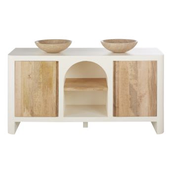 SARTENE - Mueble de madera de mango beige y blanco crema para dos lavabos