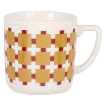 PETRA - Mug in gres bianco con motivi grafici gialli e rossi