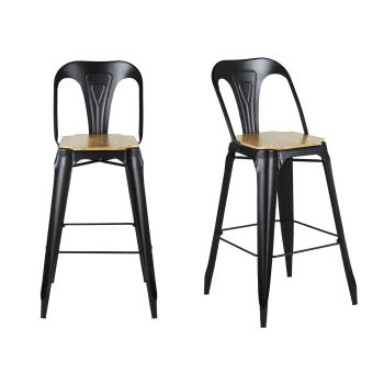 Multipl's - Chaises de bar en métal noir et bois de manguier H74 (x2)