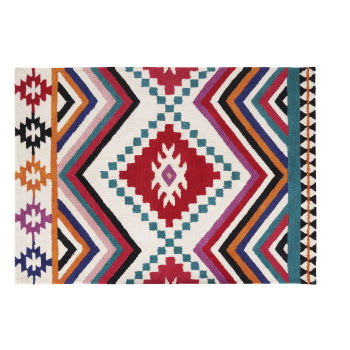 NALI - Getufteter Teppich im Berberstil aus Wolle mit rosafarbenem, blauem, ecrufarbenem und orangefarbenem Motiv, 160x230cm