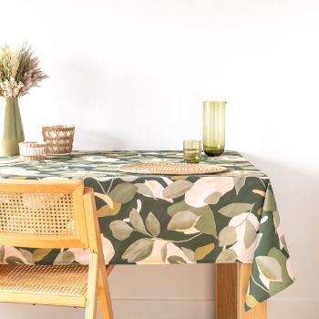 MAURES - Nappe en coton biologique imprimée fleurs aquarellées vert kaki 150x250