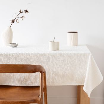 HAMIT - Nappe en coton tissé jacquard blanc et beige motif ondulations 140x150