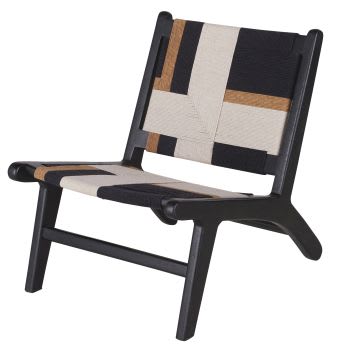 Niedriger Sessel aus Mangoholz und Baumwolle, beige, schwarz und braun