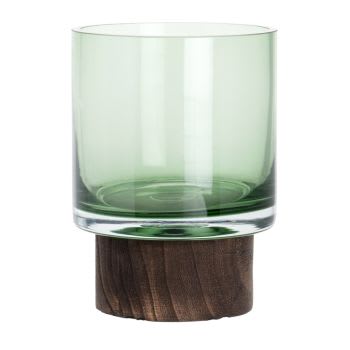 NOMAD - Portacandela in legno di paulonia e vetro verde scuro