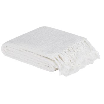 NYDIA - Decke aus Bio-Baumwolle mit Waffelmuster und Fransen, weiß, 160x210cm