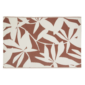 ORWA - Alfombra exterior jacquard con estampado vegetal color blanco y marrón 160 x 230