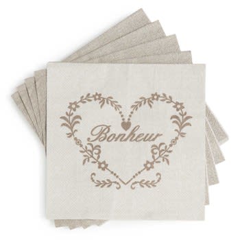 Bonheur - Set van 4 - Pak van 20 beige papieren BONHEUR servetten 17 x 17 cm