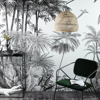 Papel pintado de parede não tecido com impressão de selva em preto e branco 350x300