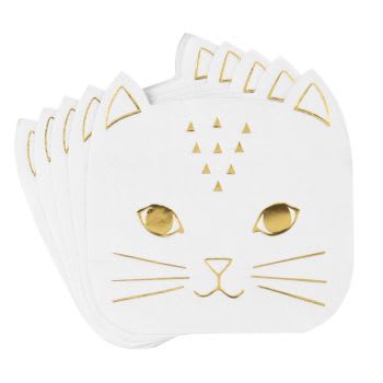 BLOOM - Set aus 4 - Papierservietten mit Katzenmotiv, weiß und goldfarben