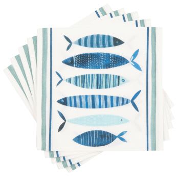 Set aus 2 - Papierservietten, weiß mit blauem Fischdruck, 20 Stück