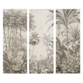 PARADISE - Tríptico em tela com estampado de selva preto e bege 45x120