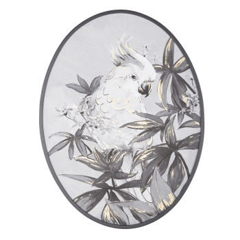 PARROTIA - Ovales Leinwandbild mit Papageiendruck, grau, schwarz und weiß, 60x80cm