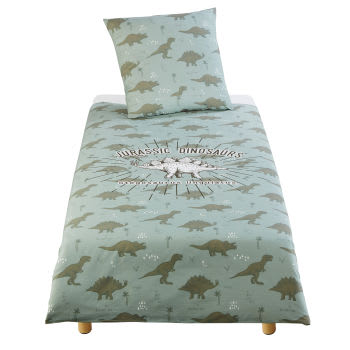 DINO - Parure da letto bambino in cotone verde kaki stampato, 140x200 cm