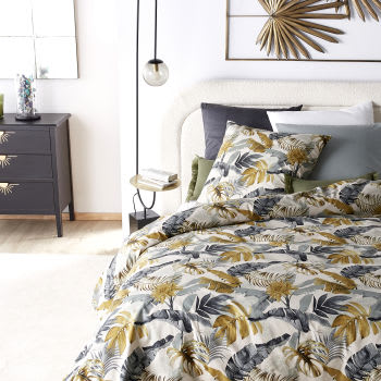 Parure da letto in cotone bio verde-blu e giallo senape con stampa tropicale 220x240 cm