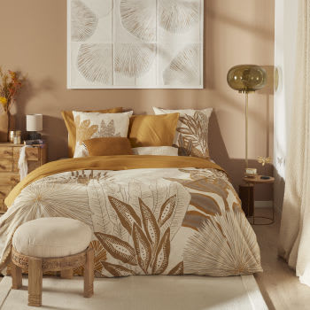 MAXIME - Parure da letto in cotone biologico con motivo a foglie écru e beige 220x240 cm