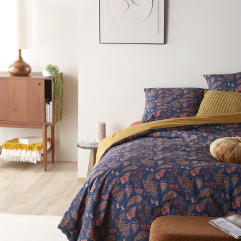 LOCARA - Parure da letto reversibile in cotone biologico rosa lampone, blu navy e ocra 260x240 cm
