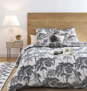 PARADIS - Parure de lit en coton bio beige imprimé palmiers gris anthracite 220x240