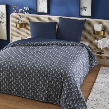 TAIKA - Parure de lit en coton bio gris anthracite et bleu marine imprimé 240x260
