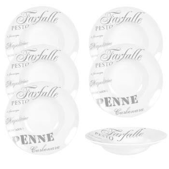 Pasta - Set aus 6 - Felgenplatte aus weißem Porzellan mit grauem Aufdruck