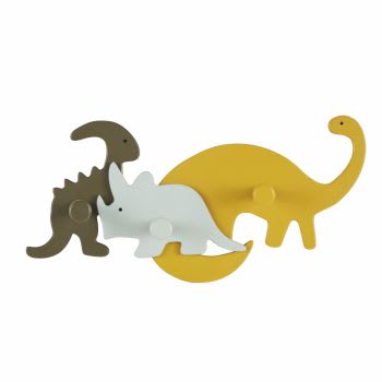 YUMA - Patère 3 crochets famille dinosaures vert kaki, bleu et jaune moutarde