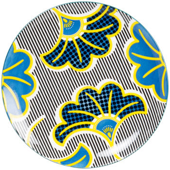 ASHANTIA - Piatto piano in porcellana con motivo floreale blu, giallo e nero