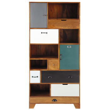 Picadilly - Meerkleurige mangohouten boekenkast met 6 lades en 2 deuren