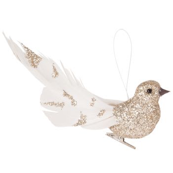 Pince oiseau blanc et doré à paillettes