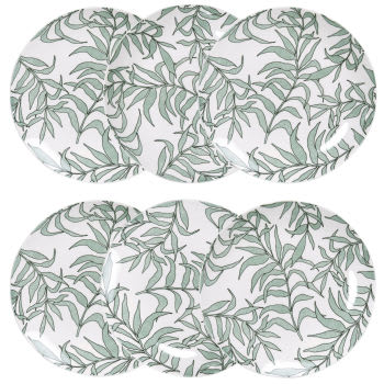 EVORA - Lote de 6 - Plato de postre de porcelana blanca con motivo vegetal verde