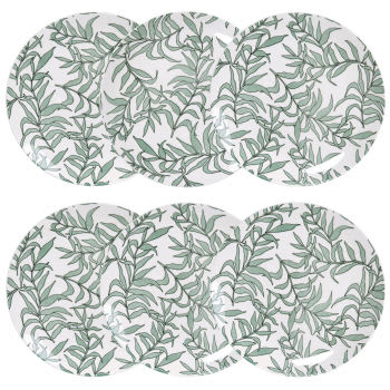 EVORA - Lote de 6 - Plato plano de porcelana blanca con motivo vegetal verde