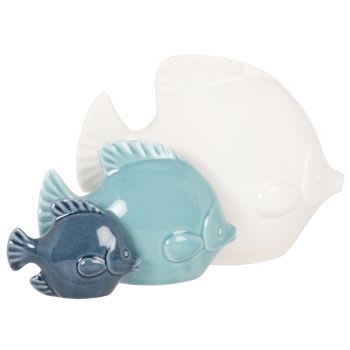 WILLY - Porseleinen beeld van 3 platvissen in wit, lichtblauw en marineblauw H10