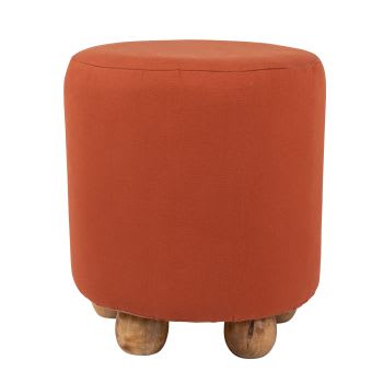 Isa - Pouf rotondo in cotone rosso e legno di gaiac