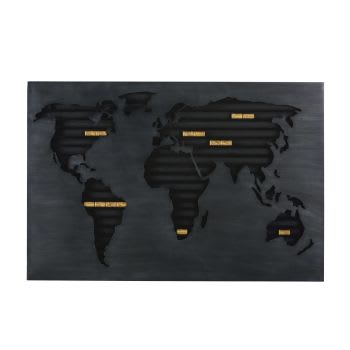 PRESTON - Wanddecoratie van zwarte metalen kurkenhouder met wereldkaart