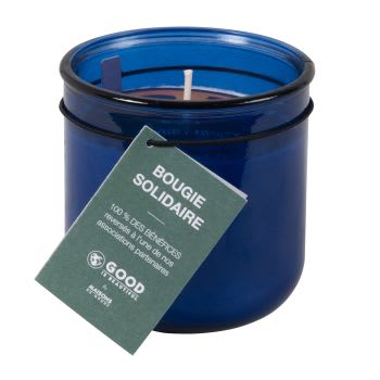 Prodotto solidale: candela di cera vegetale e vetro riciclato blu