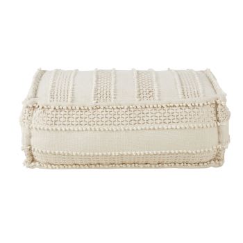 Puf rectangular de algodón blanco con bordados y flecos
