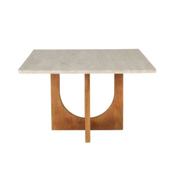 Quadratischer Esstisch aus Travertin und massivem Mangoholz, 6 Personen, L120cm