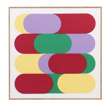 RABEIR - Bedrukt en beschilderd doek, groen, roze, geel en paars, 51 x 51 cm