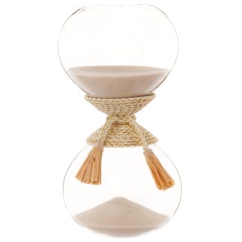 MOTAH - Reloj de arena color beige de cristal con accesorio de rafia