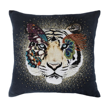 RIZZA - Coussin en coton multicolore imprimé tête de tigre perles brodées main 45x45