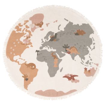YUMA - Rond kindertapijt van geweven gerecycleerd katoen met franjes en meerkleurige print van wereldkaart en dinosaurussen, D110